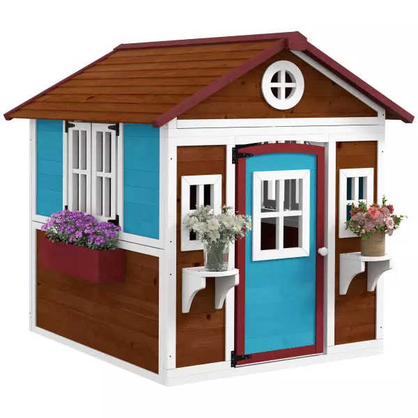 Casita de Madera Infantil con Puerta Ventanas Jardineras y Repisas con Detalles de Color 114x126,4x135 cm Marrón Oscuro