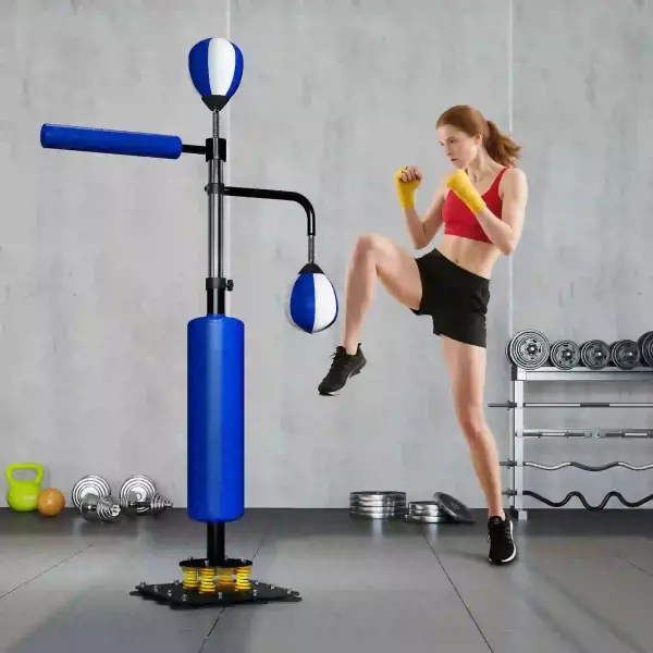 Soporte de boxeo, dos speedballs, barra de boxeo giratoria, protector de patadas, ajustable en altura, acero, 107 x 36 x 140-205 cm, Azul
