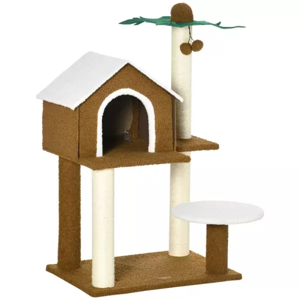 Árbol Rascador para Gatos con Caseta Plataformas Poste en Forma de Palmera y Bolas Colgantes 55x40x89 cm Marrón