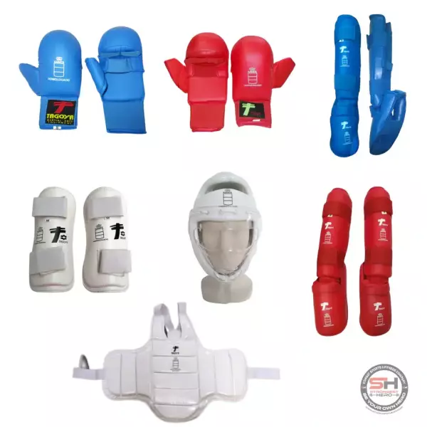 PACK HOMOLOGADO RFEK GUANTILLAS + ESPINILLERAS + PETO + ANTEBRAZO + CASCO (PACK ROJO Y AZUL)