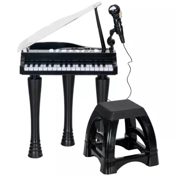 Juego de Piano Infantil de 32 Teclas con Micrófono Taburete Luces 22 Canciones y 4 Sonidos 37x30,5x60,4 cm Negro