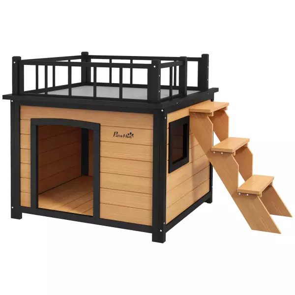 Caseta para perros con terraza en el techo, resistente a la intemperie, de madera, 121x77x78 cm, Negro/Amarillo