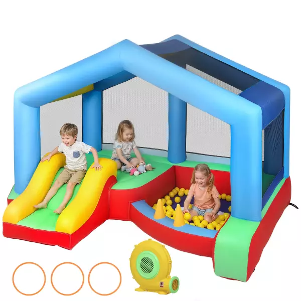 Castillo Hinchable para Niños con Soplador Tobogán Cama Elástica Piscina de Pelotas Juego de Aros Toldo