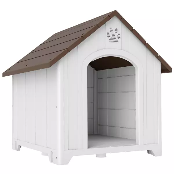 Caseta para Perros Exterior Casa para Perros Extragrandes de Plástico con 2 Ventanas Base Elevada Estacas Marrón Oscuro