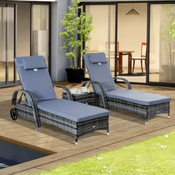 Set de 2 Tumbonas Chaise Longue + 1 Mesa de Ratan para Jardín o Terraza Sillas con Cojín y Respaldo Ajustable a 5 Niveles (Gris)