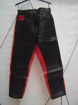 Pantalón de piel bicolor, UNISEX, rojo y negro