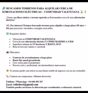 BUSCO TERRENOS PARA ALQUILAR CERCA DE SUBESTACIONES ELÉCTRICAS CDAD VALENCIANA