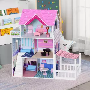 Casa de Muñecas de 3 Pisos con Patio Muebles Accesorios Completos Diseño Lindo Casita Muñecas de Juguete Madera 86x30x87 cm Rosa