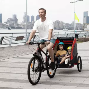 Remolque Infantil 3en1 para Bicicleta Carro de 2 Plazas para Niños de +6 Meses Plegable Ruedas Giratorias y Manillar Ajustable 150x85x107 cm Rojo