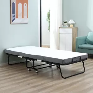 Cama Plegable 200x90x42,5 cm Cama de Camping Portátil con Colchón Individual Ruedas y Frenos Carga 150 kg para Dormitorio Salón Oficina Blanco