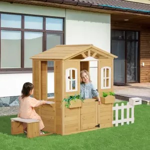 Casita Infantil de Exterior a Partir de 3 Años Casa de Juegos de Madera con Buzón Banco 210x107x140 cm para Exterior Interior Color Madera Natural