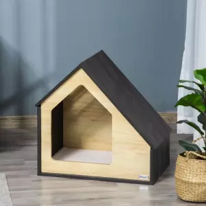 Casa de Madera para Perros Perrera Tipo Caseta para Uso Interior con Cojín Desenfundable Lavable y 3 Ventilaciones 60x40x59,2 cm Roble y Marrón Oscuro