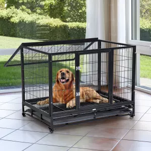 Jaula de Metal para Mascotas tipo Perro Grande con Ruedas y Bandeja Extraíble - 92x62x75cm