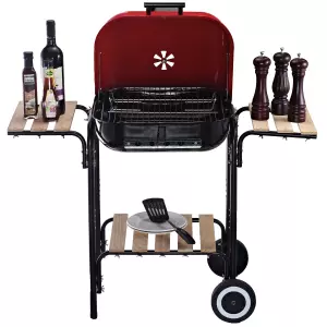 Barbacoa de Carbón Picnic con Estantes de Madera Parrillas Asador BBQ Patio Acampada Multifuncional Parilla de Carbón Vegetal 98x49x81cm con Ruedas