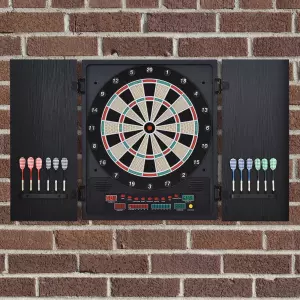 Diana Electrónica Digital hasta 8 Jugadores con 12 Dardos y 30 Puntas con Pantalla LED Puertas 27 Juegos Distintos 51x6,5x57 cm Negro