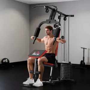 Máquina de Musculación con Placas de Peso de 65 kg Carga Max. 100 kg para Entrenamiento Fitness en Hogar Negro y Rojo