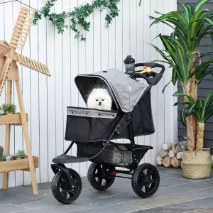 Cochecito para Mascotas Plegable con 3 Ruedas Puerta Ventanas de Malla Cesta de Almacenaje y Correas de Seguridad Marco Acero 109,5x54,5x106,5 cm Gris