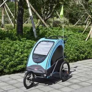 Remolque Infantil 3 en 1 para Bicicleta Carro de 2 Plazas para Niños de +6 Meses Plegable Ruedas Giratorias y Manillar Ajustable 150x85x107 cm Azul