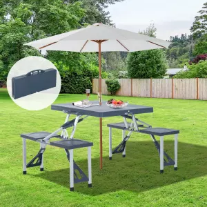 Mesa Maleta de Camping Plegable Portátil 4 Asientos y Agujero Sombrilla Estructura Aluminio Playa Picnic 136x84,5x66 cm (Gris)