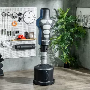 Dummy de boxeo, independiente, ajustable en altura, base pesada, cuero artificial, Negro + Gris + azul, 55x55x178-207 cm