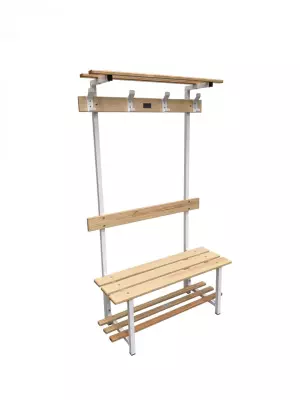 Banco de vestuario madera y metálico, perchas y balda superior