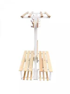 Banco vestuario metálico doble madera, perchas y balda superior