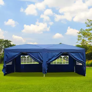 Carpa Plegable 5,91x2,97x2,55 m en Acordeón con 4 Paneles laterales y 2 Cortinas +Bolsa Transporte Color Azul /BLANCA