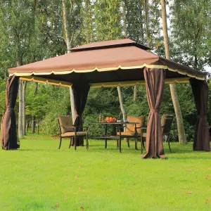 Gazebo Pabellón Exterior Jardín 2.9x3.9x2.8m Carpa Cenador Impermeable de Lujo Marco de Aluminio con Pared Lateral y Mosquitera Color Marrón