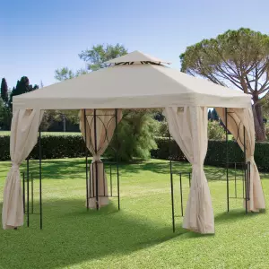 Cenador de Jardín 3x3 m Pabellón con 4 Cortinas Laterales Extraíbles de Cremallera 8 Orificios de Drenaje y Doble Techo Beige