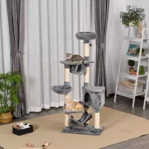 Árbol Rascador para Gatos Rascador de gatos baratos 154 cm de Altura Escalador con Plataformas Túnel Hamaca y Postes de Rascado de Sisal, Gris