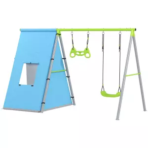 Columpio Infantil 3 en 1 con Tienda Anillas y Altura Ajustable para Niños de 3-8 Años Estructura Metálica 283x180x182 cm