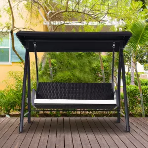 Columpio Jardín tipo Balancín Mecedora de Ratán con 3 Plazas para Jardín y Terraza con Toldo Regulable y Cojín - 198x124x179cm