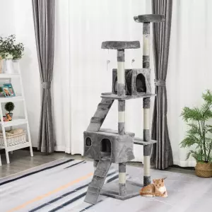 Rascador Gatos Dormir Jugar Centro Actividades Arañar Gris Madera Felpa con Ratoncitos 50x50x170cm
