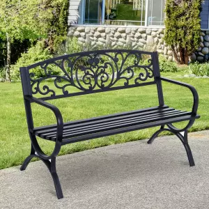 Banco de Jardín de 2 Plazas Banco de Terraza de Hierro con Diseño Clásico Patrón Floral 127x60x85cm Negro