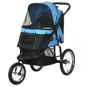 Carrito para Perros Medianos Pequeños con Cesta de Almacenaje Capota Ajustable y Ventana de Malla 111x58x107 cm Azul
