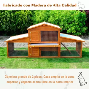 Conejera de Madera Grande de 2 Niveles con Rampa Puertas con Cerradura y Zona Abierta Protegida 215x63x100 cm