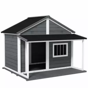 Hundehütte Outdoor-Hundehütte, incl, Terraza, resistente a la intemperie, 124x112x105 cm, Gris + Blanco CASETA DE PERRO