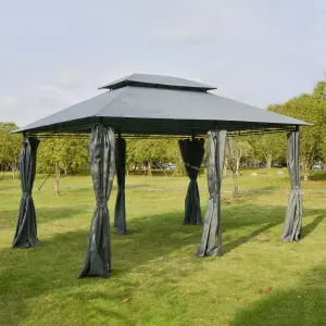 Cenador de Jardín 3x4 m Marco Acero Gazebo con Doble Techo 6 Cortinas Laterales 8 Orificios de Drenaje Buena Ventilación para Fiestas Eventos Gris