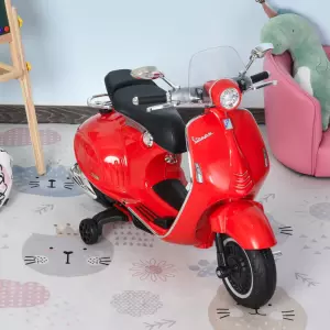 Moto Eléctrica Vespa Faros Música 2 Ruedas Auxiliares para Niños Mayores de 3 Años Motocicleta Infantil Autorizada 108x49x75 cm Rojo