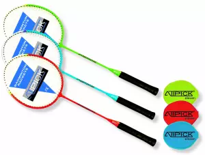 Raqueta badminton acero Mod."ATIPICK 011" con funda. surtidas azul. verde y rojo