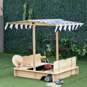 Arenero de Madera para Niños con Techo Banco Toldo Ajustable Desmontable Caja de Arena 106x106x121 cm +3 Años Carga 150 kg Color Madera Natural