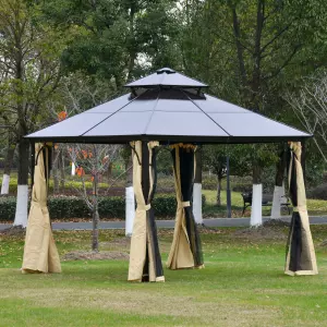 Cenador 3x3 m con Doble Techo de Policarbonato y 4 Cortinas 4 Mosquiteras con Cremallera Marco de Aluminio Exterior Fiestas Beige y Negro