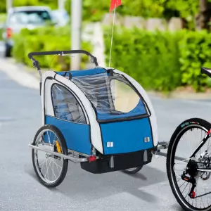Remolque Infantil para Bicicleta 2 PLAZAS Rueda Giratoria 360° y Amortiguadores CON BARRA INCLUIDA Kit de Footing COLOR Azul PREGUNTAR STOCK