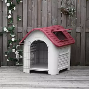 Caseta para Perro con Puerta Extraíble Base Elevada 3 Respiraderos y Ventana Abrible Caseta de Perros para Interior y Exterior 72x87x75 cm Gris Rojo