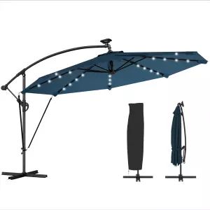 Parasol Excéntrico con Luces LED Solares Ø345 cm Sombrilla Jardín de Aluminio con Base Cruzada Manivela Funda Azul