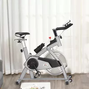 Bicicleta Estática de Ejercicios con Manillar Sillín Resistencia Ajustables Pantalla LCD Pulsómetro 96x50x107 cm Carga 110 kg Plata