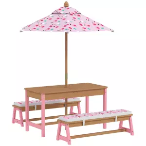 Mesa picnic infantil con bancos, cojines, parasol plegable, cajas de almacenamiento extraíbles, motivo de flamenco, rosa