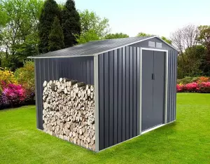 Caseta Jardin Metálica Ontario con Leñero adosado Exterior 191x278x195 cm Acero Galvanizado Gris Antracita