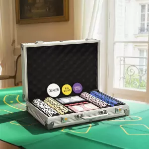 Set de fichas de póquer en maletín, con dados, botón de dealer, 2 barajas, color plateado