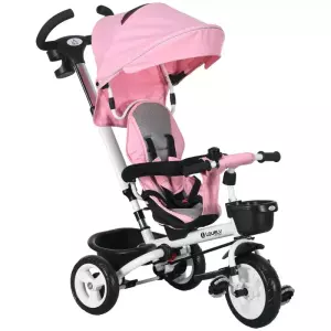 Triciclo Infantil 6 en 1 con Mango de Empuje, Toldo, Cinturón, Cesta, 18+ Meses, Rosa